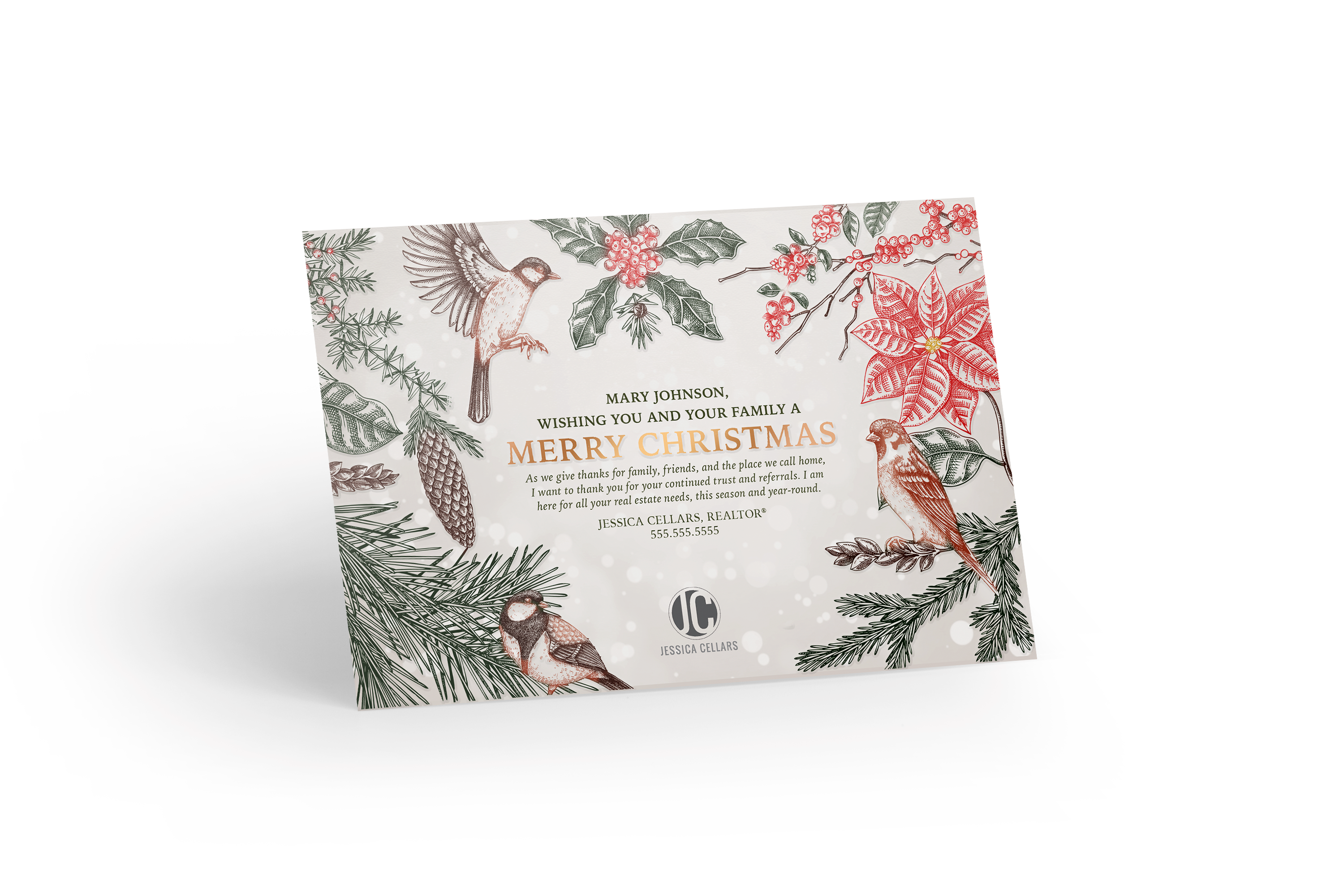 Luxury Copper Foil & Varnish Postcard - Merry Christmas Birds