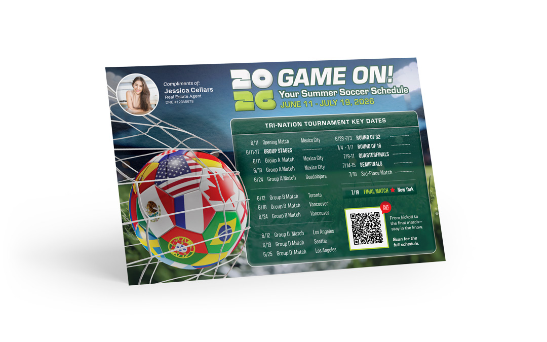Soccer Schedule Postcard - 2026 Global Soccer - Key Dates - QR Schedule