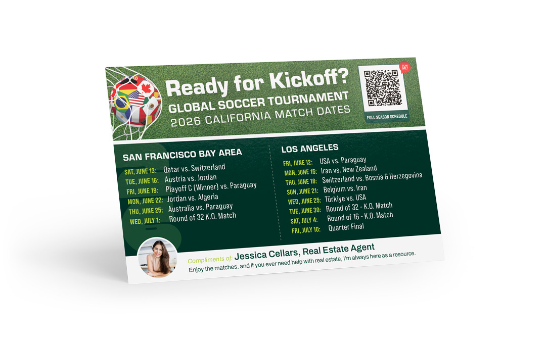 Soccer Schedule Postcard - 2026 Global Soccer - California Match Dates - QR Schedule
