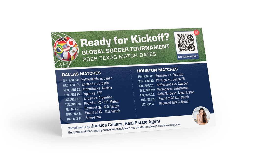 Soccer Schedule Postcard - 2026 Global Soccer - Texas Match Dates - QR Schedule