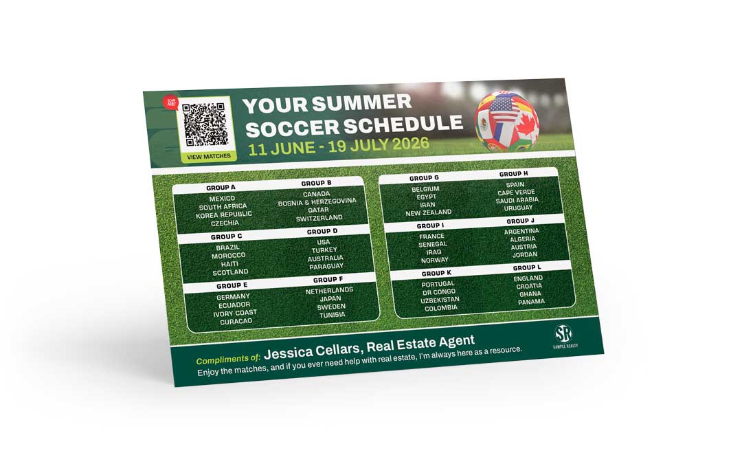 Soccer Schedule Postcard - 2026 Global Soccer - Groups - QR Schedule