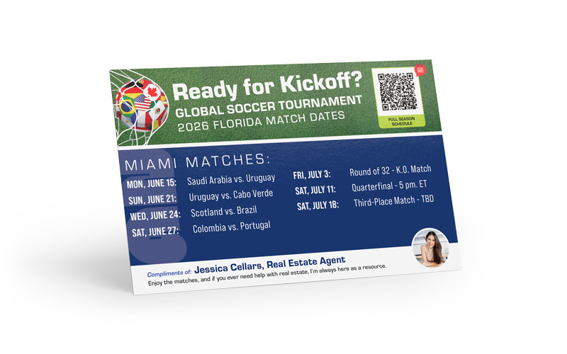 Soccer Schedule Postcard - 2026 Global Soccer - Florida Match Dates - QR Schedule