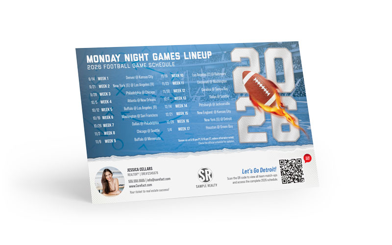 Football Schedule Magnet (Print Only) - 2026 Monday Games - QR - Detroit