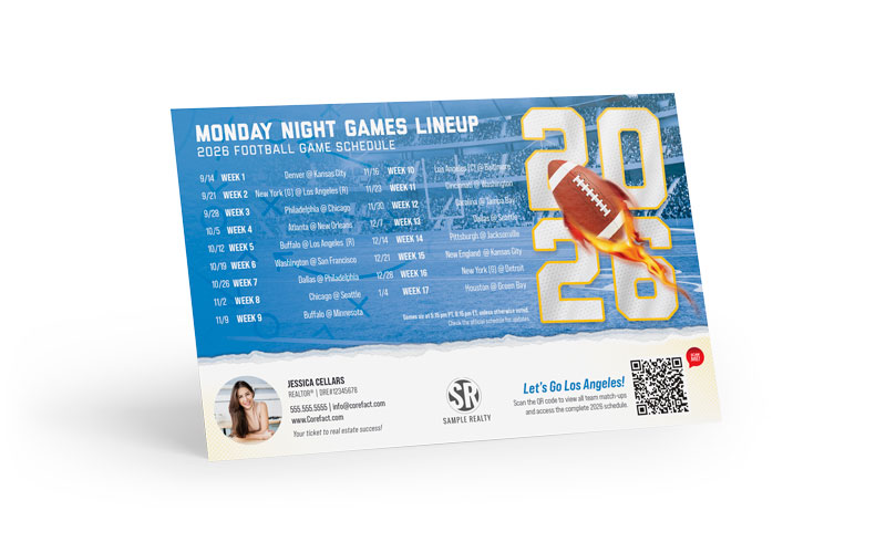 Football Schedule Magnet (Mailer) - 2026 Monday Games - QR - Los Angeles (C)