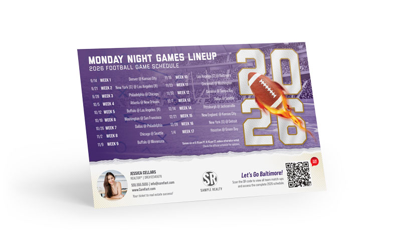 Football Schedule Magnet (Mailer) - 2026 Monday Games - QR - Baltimore