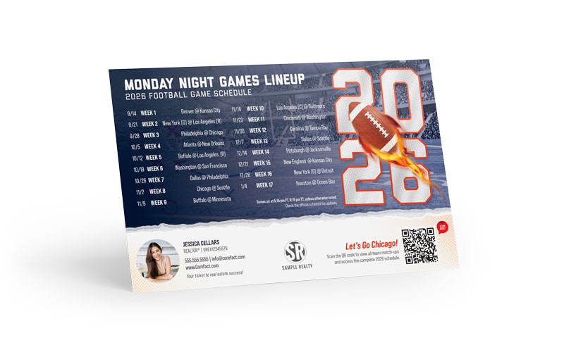 Football Schedule Magnet (Mailer) - 2026 Monday Games - QR - Chicago