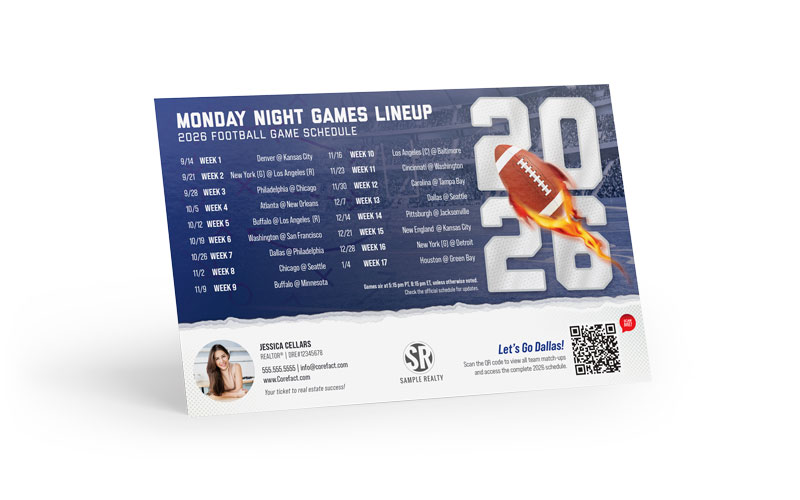 Football Schedule Magnet (Mailer) - 2026 Monday Games - QR - Dallas