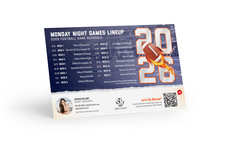 Football Schedule Magnet (Mailer) - 2026 Monday Games - QR - Denver