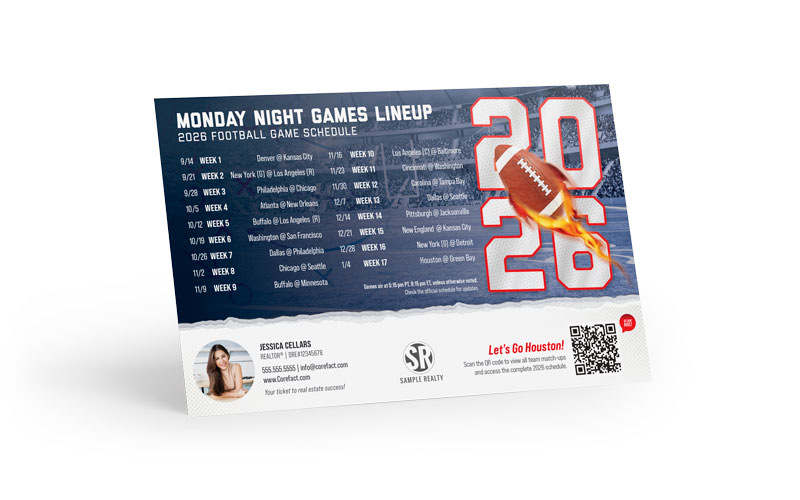 Football Schedule Magnet (Mailer) - 2026 Monday Games - QR - Houston