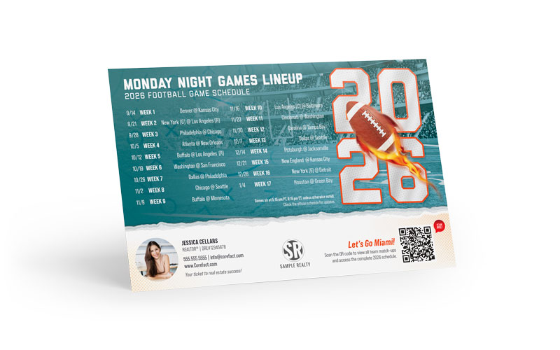 Football Schedule Magnet (Mailer) - 2026 Monday Games - QR - Miami