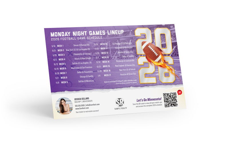 Football Schedule Magnet (Mailer) - 2026 Monday Games - QR - Minnesota