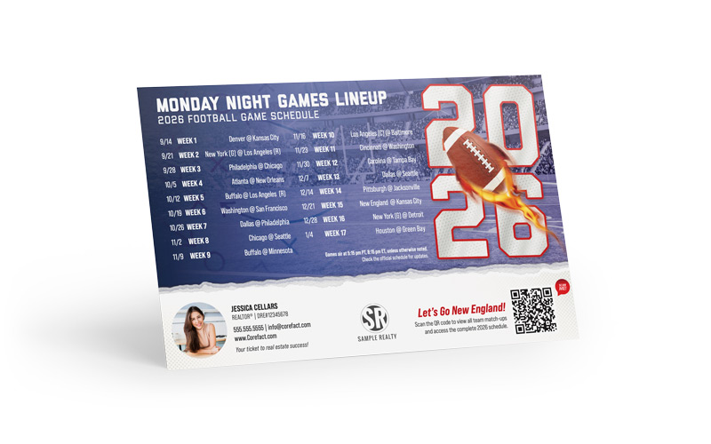 Football Schedule Magnet (Mailer) - 2026 Monday Games - QR - New England