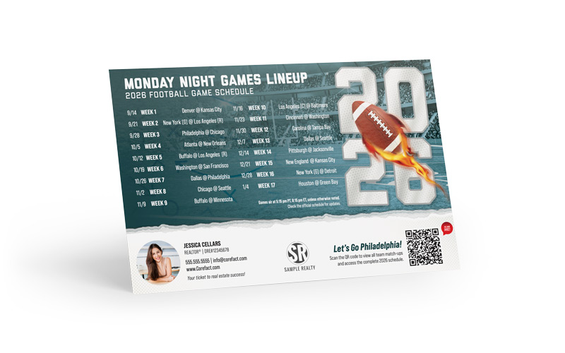 Football Schedule Magnet (Mailer) - 2026 Monday Games - QR - Philadelphia