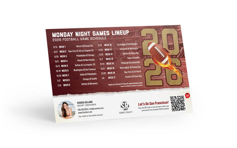 Football Schedule Magnet (Mailer) - 2026 Monday Games - QR - San Francisco