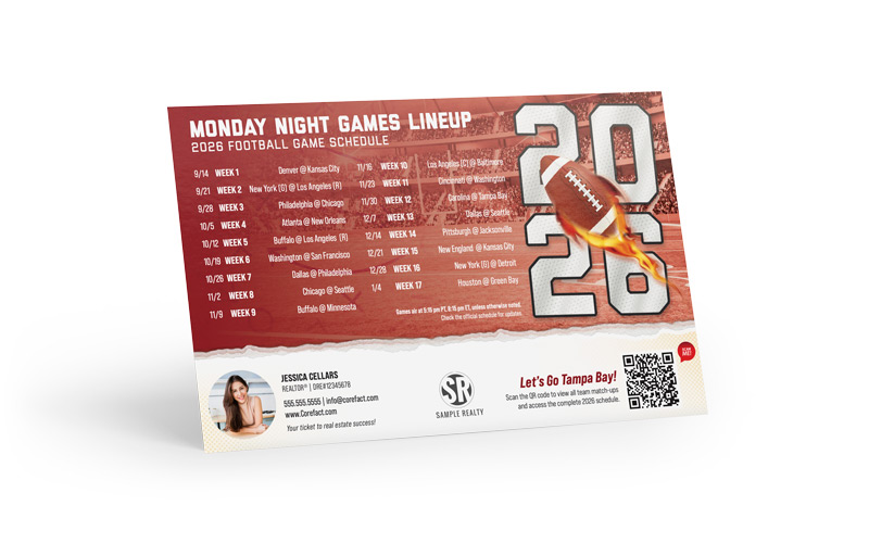 Football Schedule Magnet (Mailer) - 2026 Monday Games - QR - Tampa Bay
