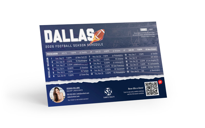Football Schedule Postcard - 2026 Full Season - QR - Dallas