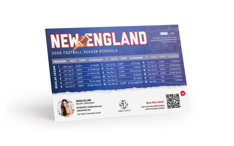 Football Schedule Postcard - 2026 Full Season - QR - New England