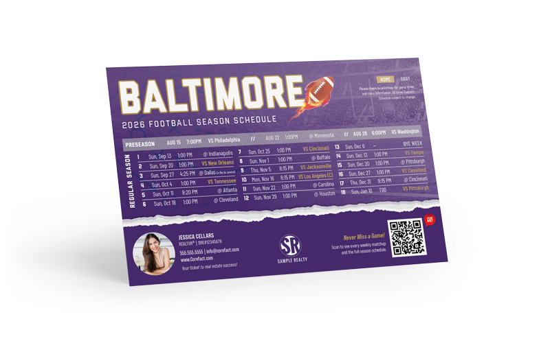 Football Schedule Magnet (Mailer) - 2026 Full Season - QR - Baltimore