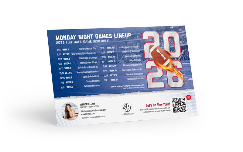 Football Schedule Postcard - 2026 Monday Games - QR - New York (G)