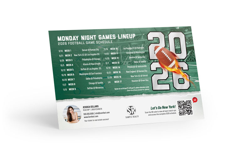 Football Schedule Postcard - 2026 Monday Games - QR - New York (J)