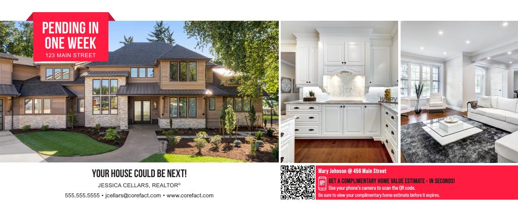 Corefact Just Sold Postcard <br> Home Estimate QR Code - Red Banner Corefact Just Sold Postcard <br> Home Estimate QR Code - Red Banner
