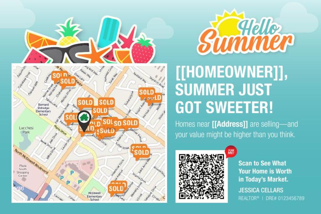 Seasonal Postcard - Home Estimate QR with Map - Hello Sweet Summer